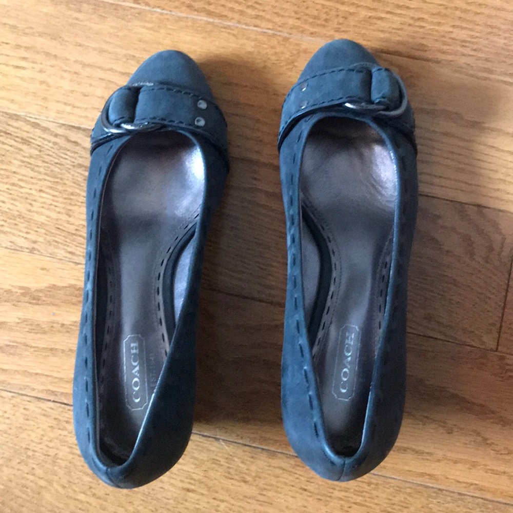 Grey leather Coach wedges